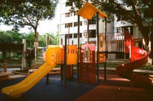 An orange and red urban playground