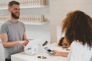 Customer service person talking to a customer