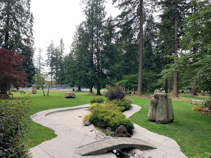 Winding pavement and alpine trees in Blue Mountain Park — one of the best parks in Coquitlam for a picnic
