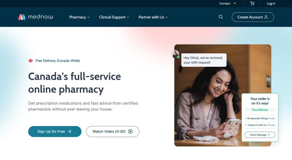 Mednow website offering online medication delivery in Canada