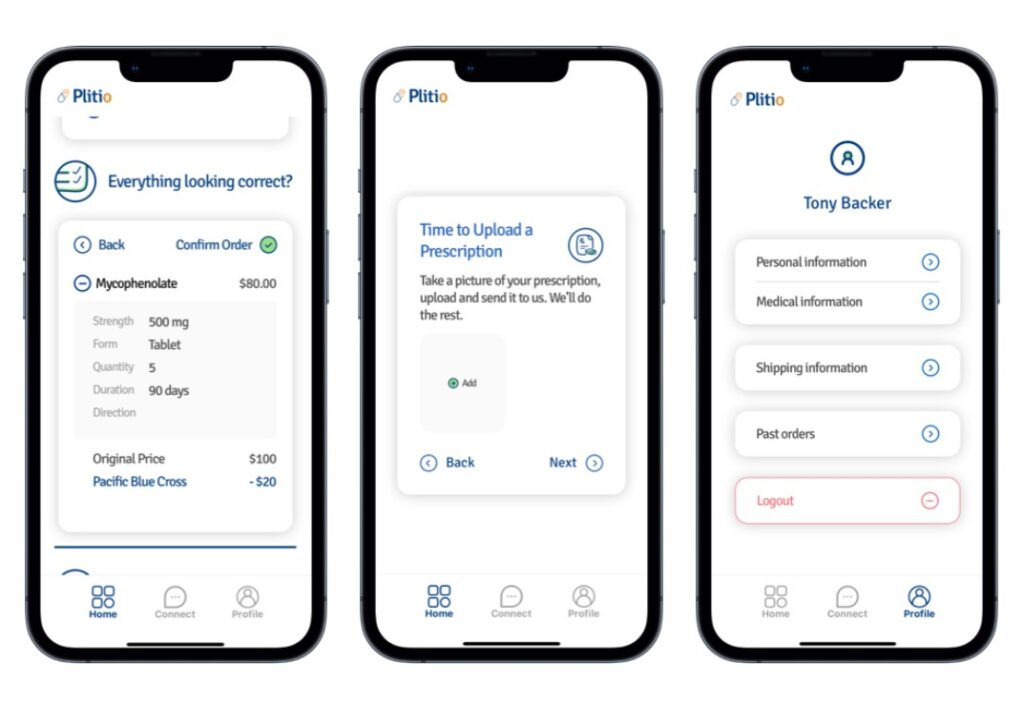 Plitio phone app screen showing their medication delivery service page