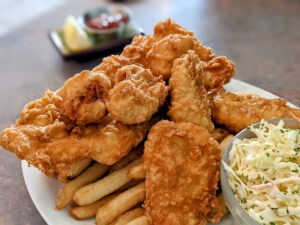 Fish and chips with a side of coleslaw at Austin Fish & Chips