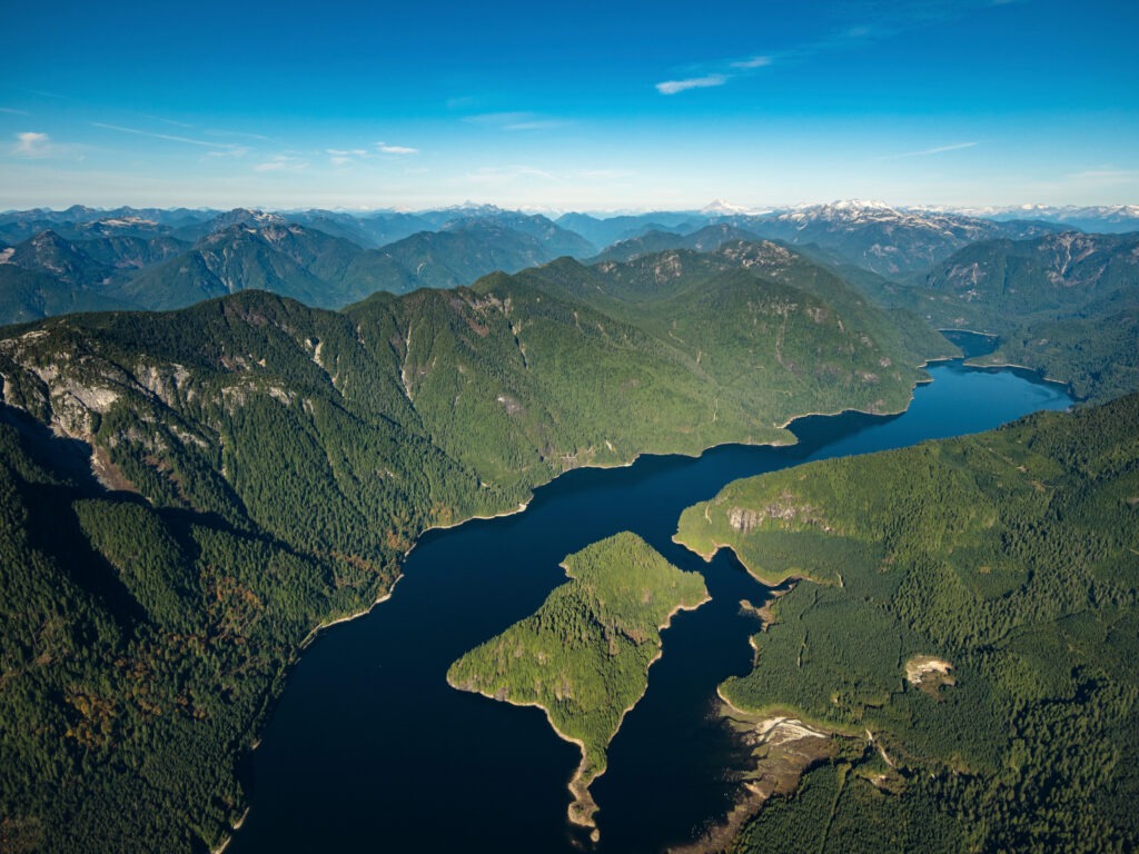 Aerial photo of the Coquitlam Lake Reservoir and mountains