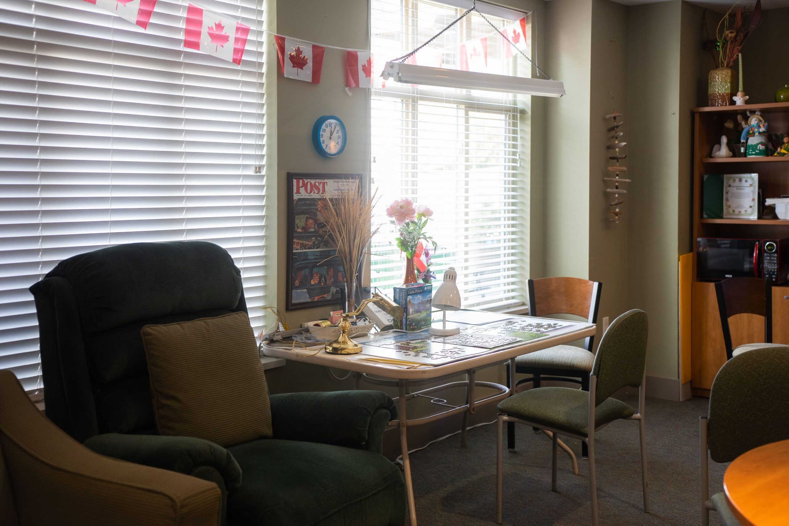 Puzzle board area in the social lounge at the Earl Haig Retirement Residence