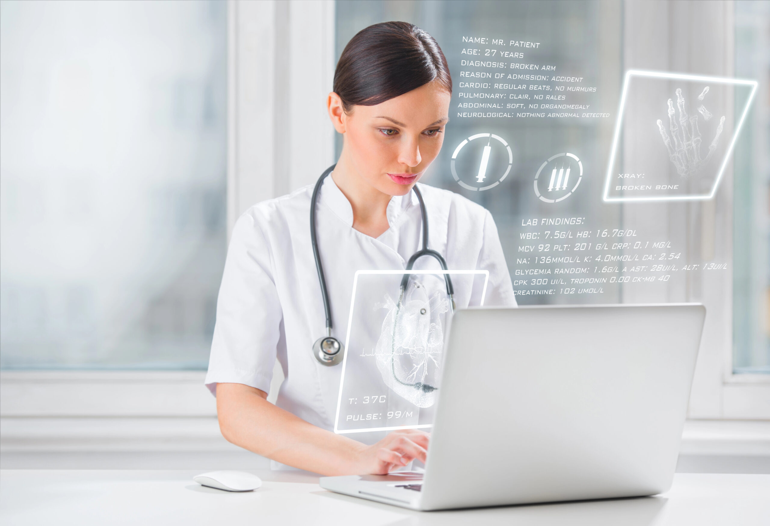 Female medical doctor working with AI on a laptop computer