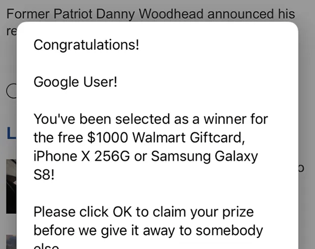 Example of a pop-up with fake contest prizes