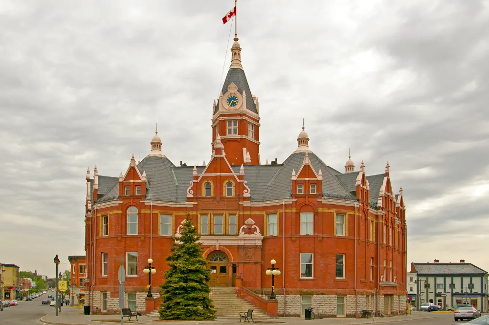 City hall in Stratford on an overcast day